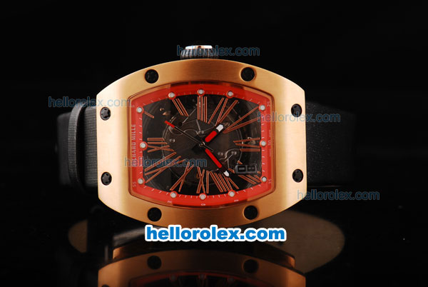 Richard Mille RM 005 Automatic Movement Rose Gold Case with Red Border and Rome Numeral Marker-Black Leather Strap - Click Image to Close